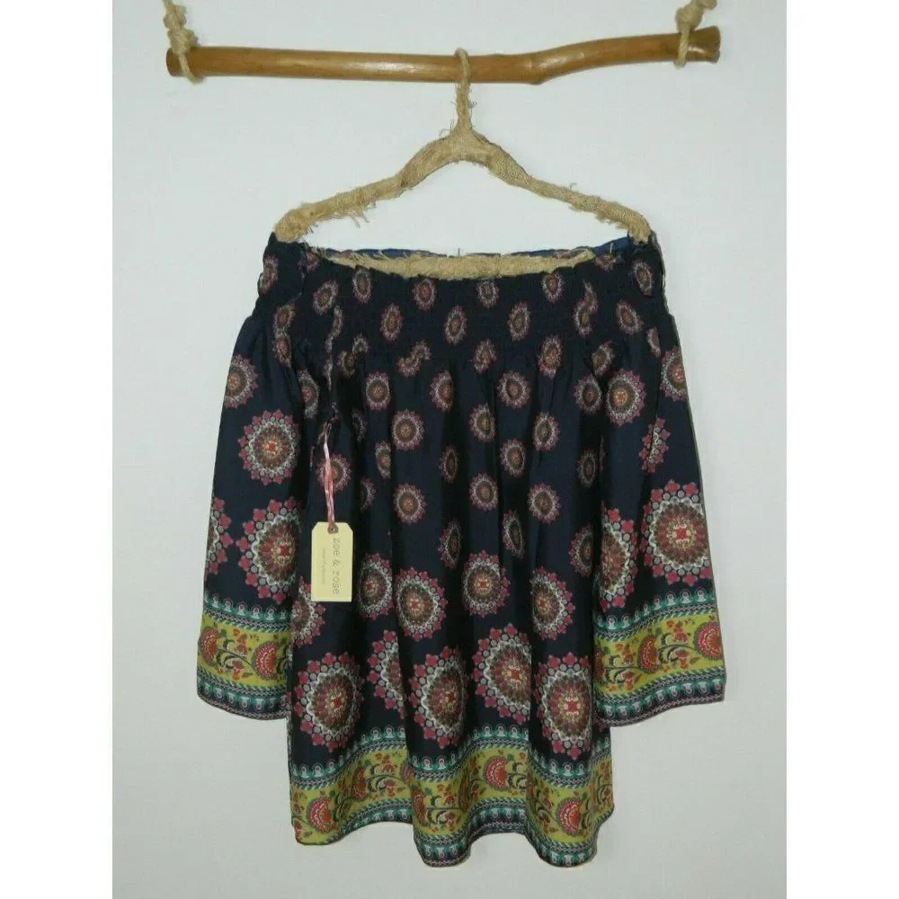 Band of Gypsies Zoe & Rose Dress Blue‎ Floral Off The Shoulder Bell Sleeves Mini